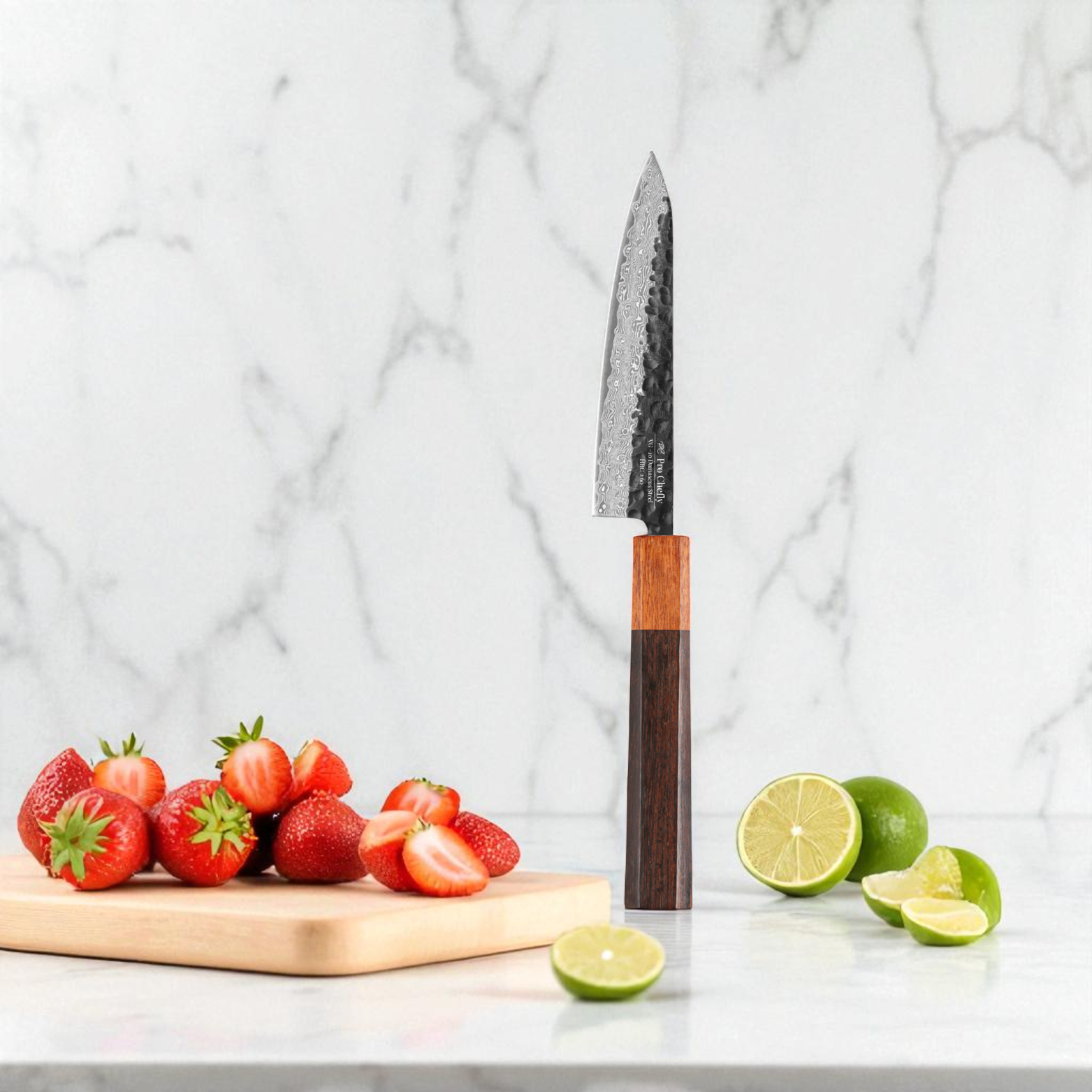 Image of Pro Chefly VG-10 Damascus steel Japanese petty knife with rosewood handle beside strawberries and lime on marble.
