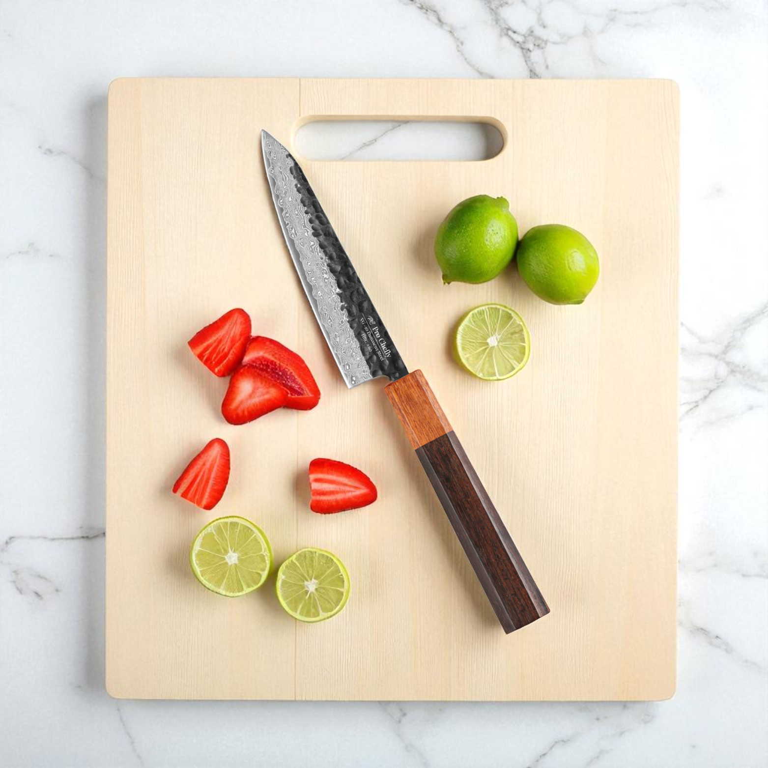 Image of Pro Chefly VG-10 Damascus steel Japanese petty knife with rosewood handle on light cutting board with whole strawberries and lime wedges.