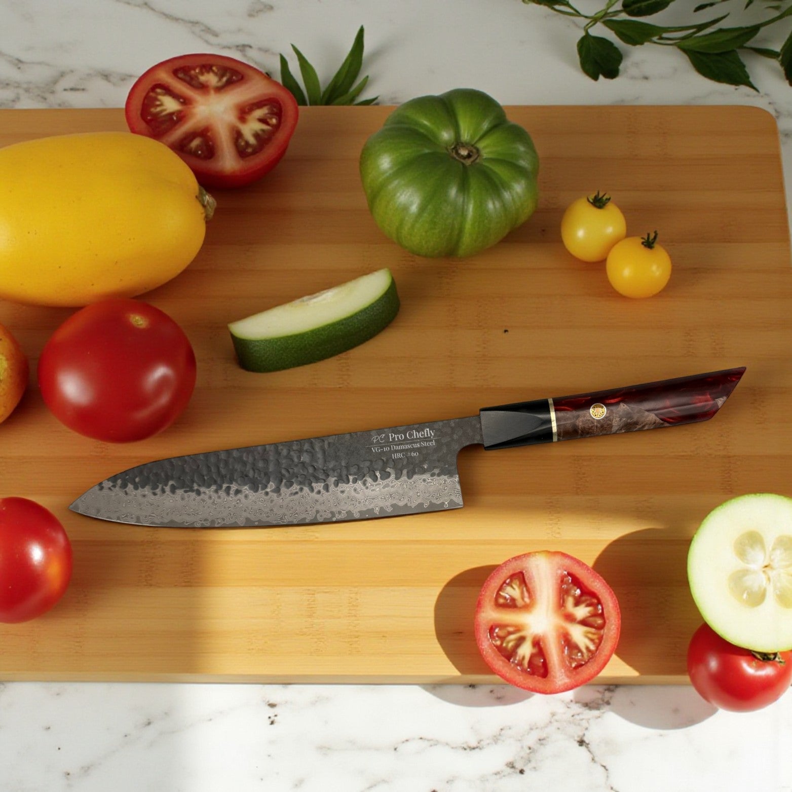 Image of Pro Chefly VG-10 Damascus steel Japanese gyuto knife with resin handle surrounded by assorted colorful produce on cutting board.
