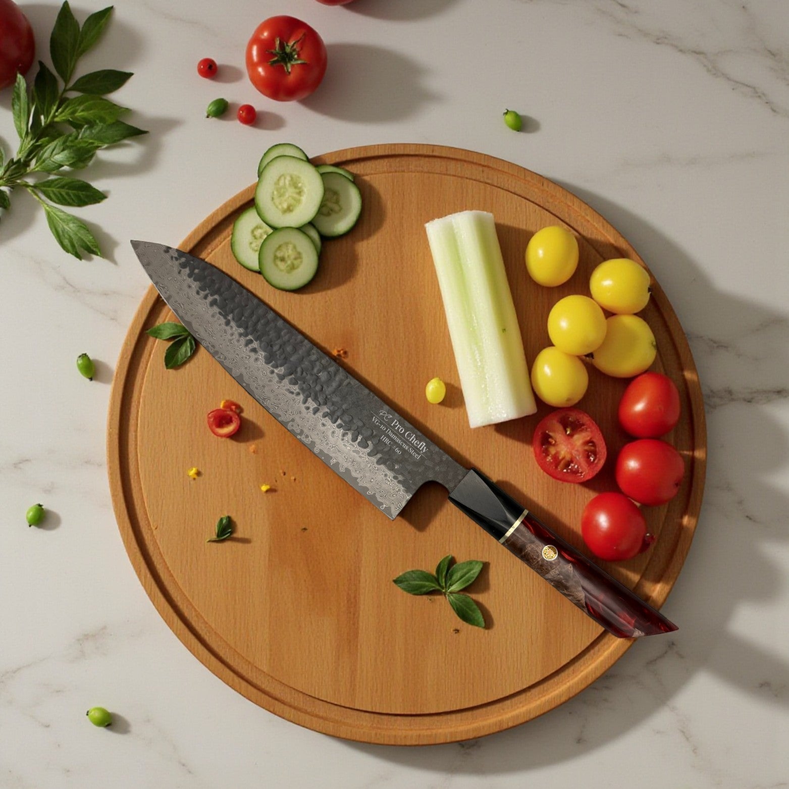 Image of Pro Chefly VG-10 Damascus steel Japanese gyuto knife with resin handle on round cutting board with tomatoes, cucumber, and herbs.