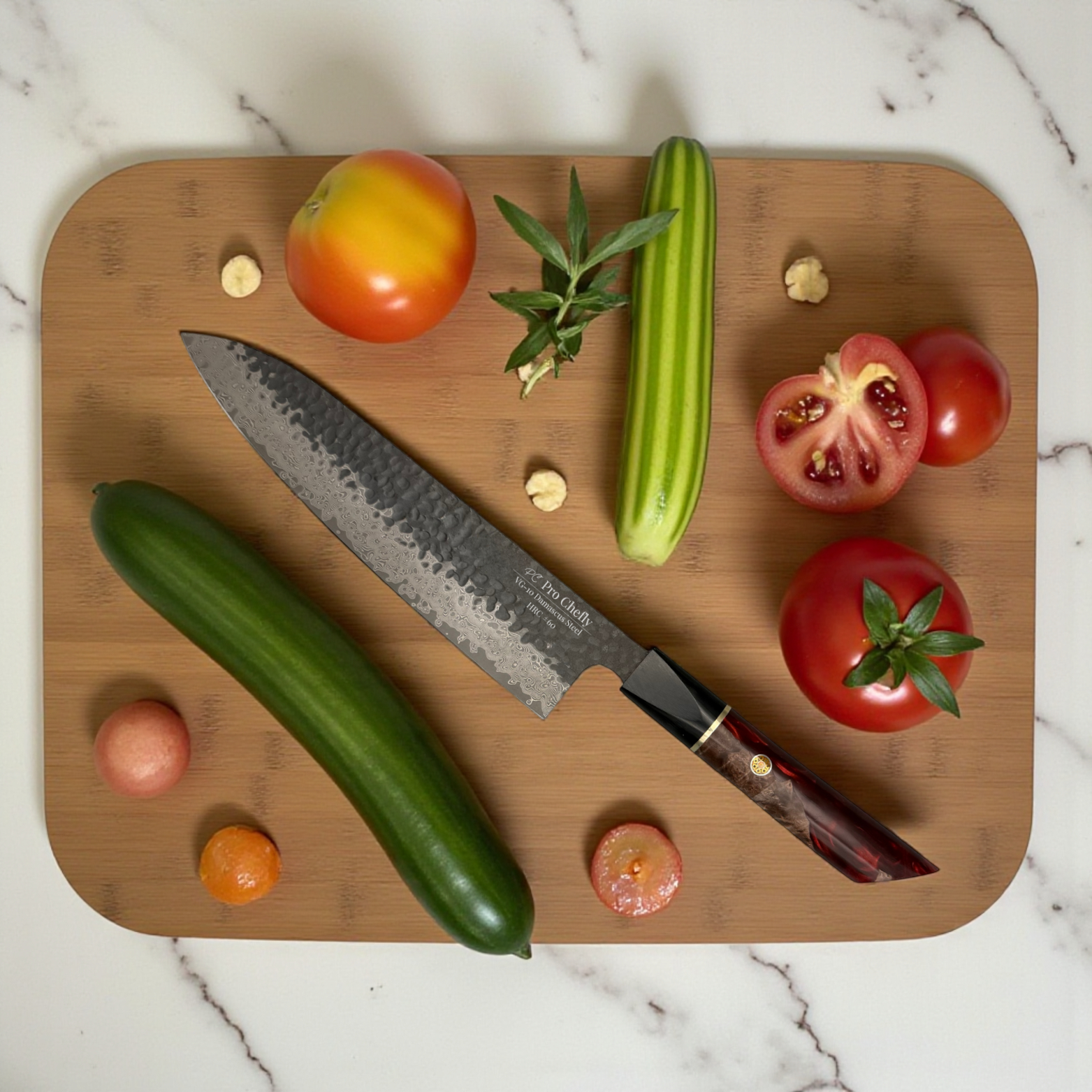 Image of Pro Chefly VG-10 Damascus steel Japanese gyuto knife with resin handle placed on marble beside cucumber and cherry tomatoes.
