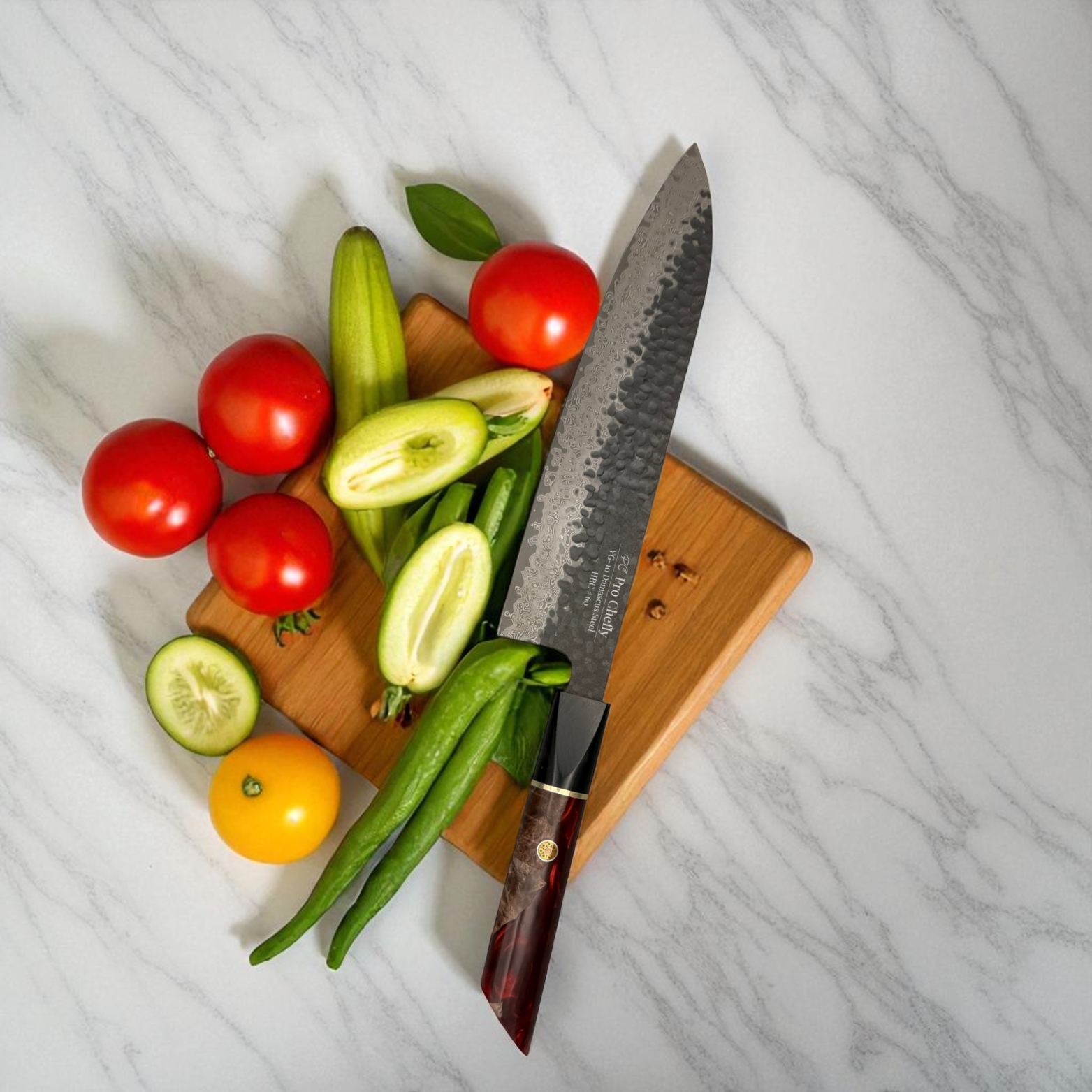 Image of Pro Chefly VG-10 Damascus steel Japanese gyuto knife with resin handle on cutting board with sliced tomatoes and cucumber.