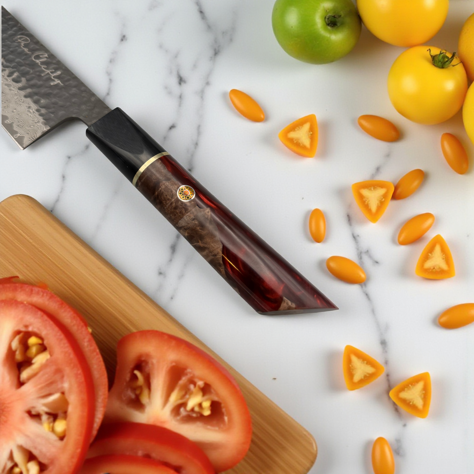 Image of Pro Chefly VG-10 Damascus steel Japanese gyuto knife with resin handle cutting small diced tomatoes on marble surface.