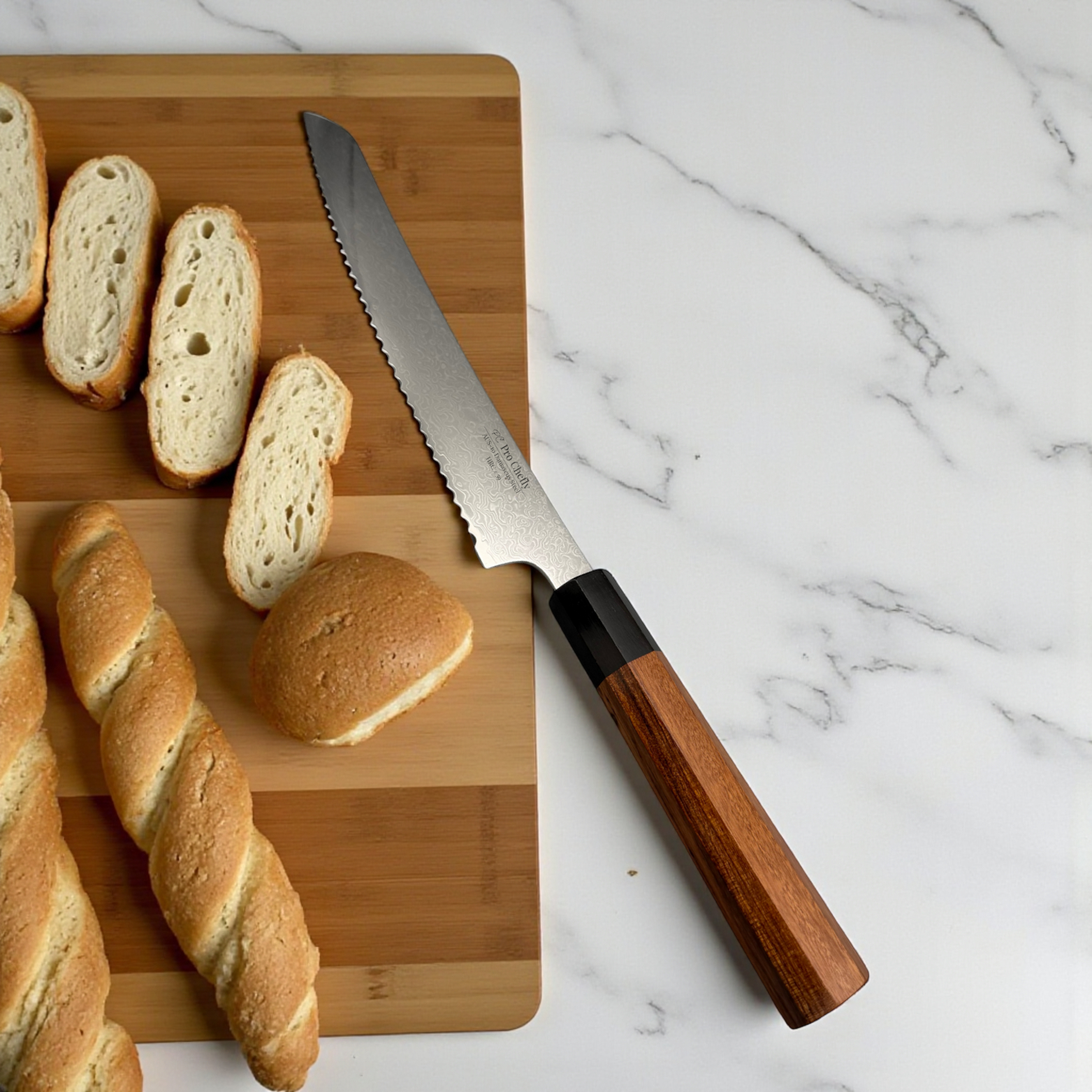 Image of Pro Chefly VG-10 Damascus serrated bread knife with rosewood octagon handle beside assorted artisan slices.