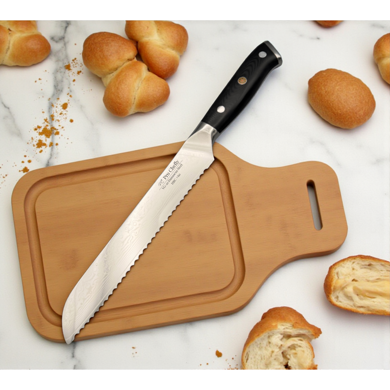 Pro Chefly VG-10 Damascus serrated bread knife with black G10 handle on wood board next to fresh baked rolls.