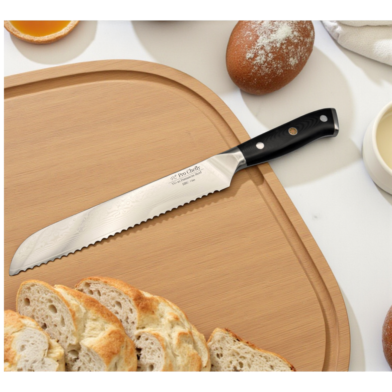 Image of Pro Chefly VG-10 Damascus serrated bread knife with black G10 handle cutting artisan bread on wood board.