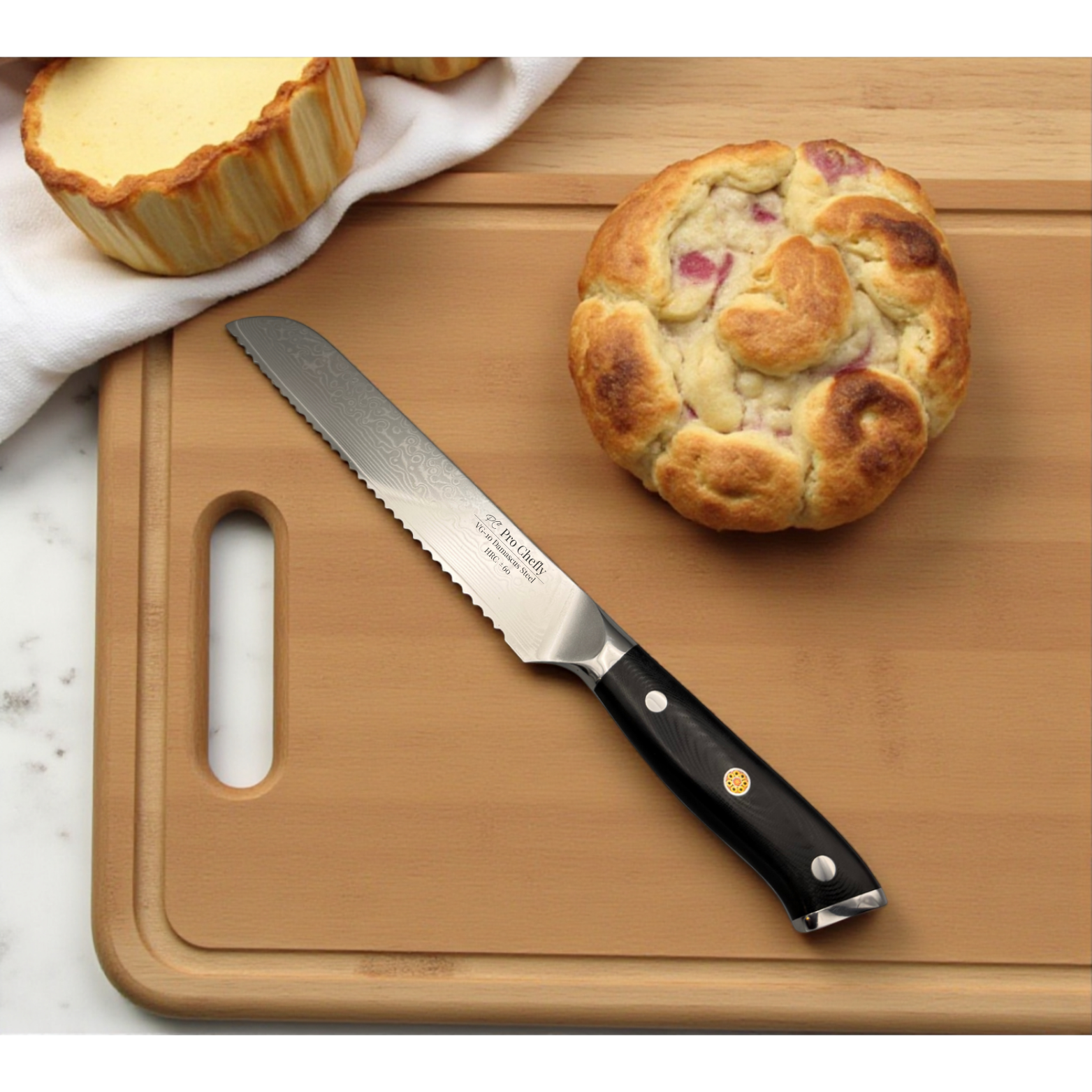 Image of Pro Chefly VG-10 Damascus serrated bread knife with black G10 handle beside sliced artisan loaf.