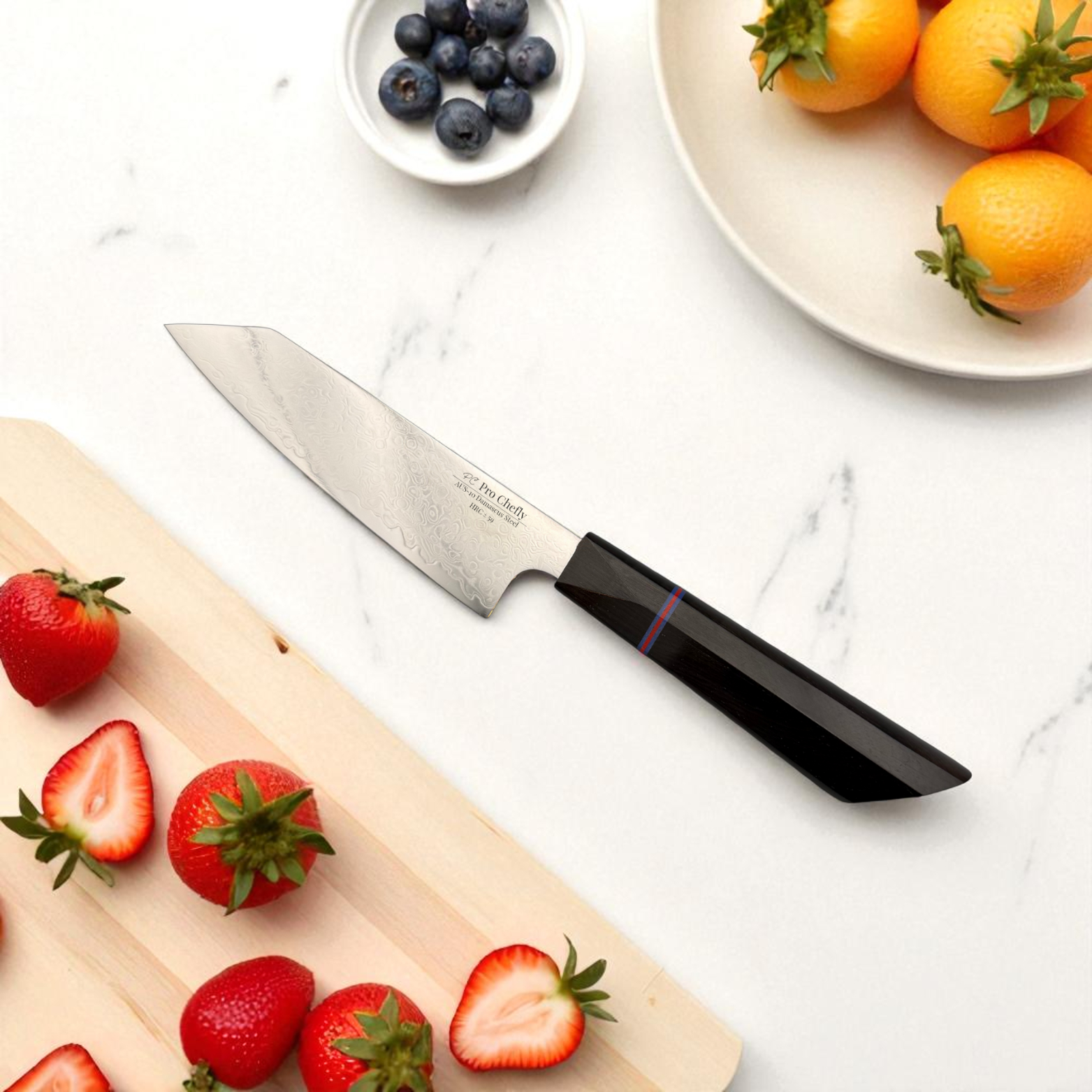 Image of Pro Chefly AUS-10 Damascus steel Japanese petty knife beside fresh berries on a small plate.