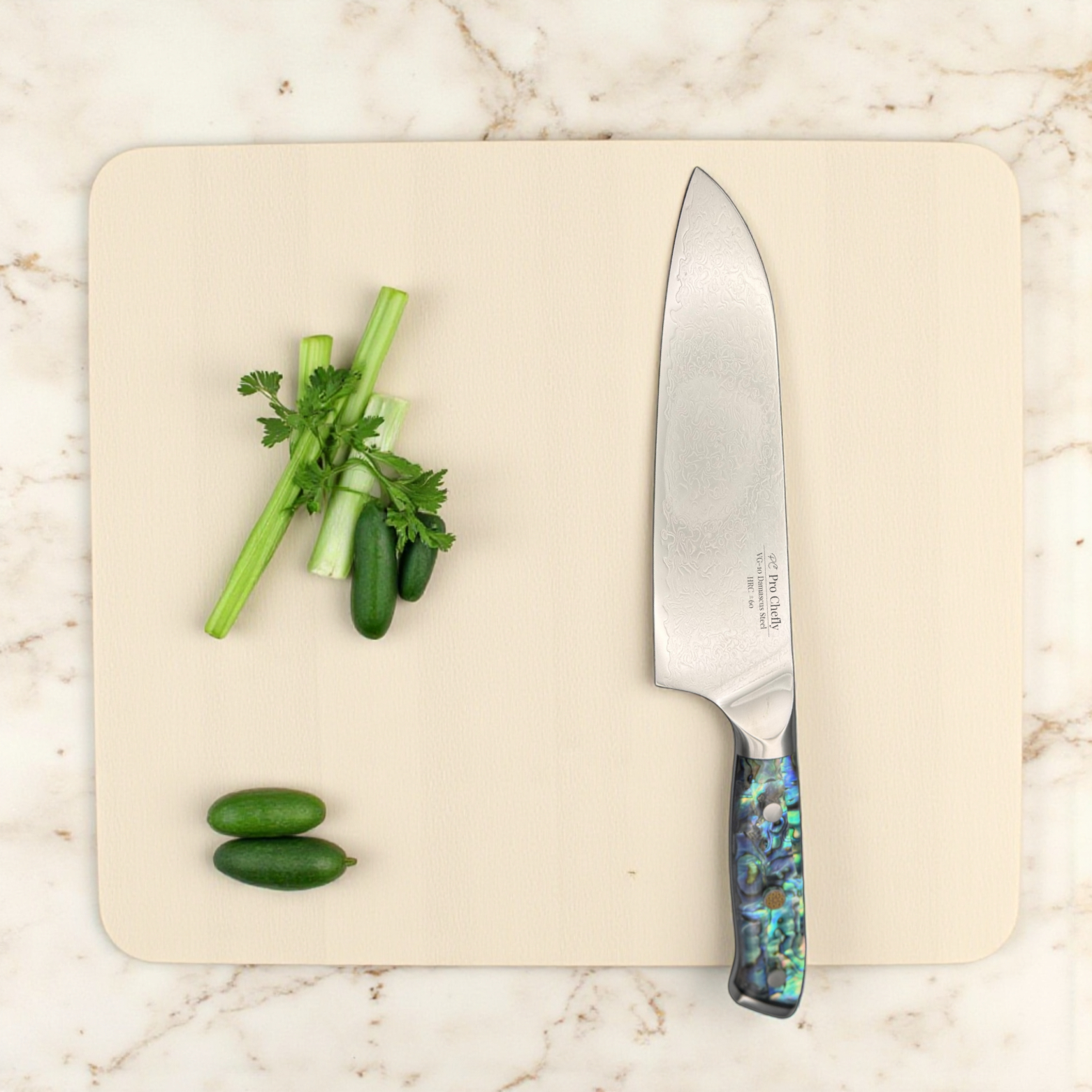 Image of Pro Chefly VG-10 Damascus Santoku Knife with resin handle prepping herbs and cucumbers with sharp precision.