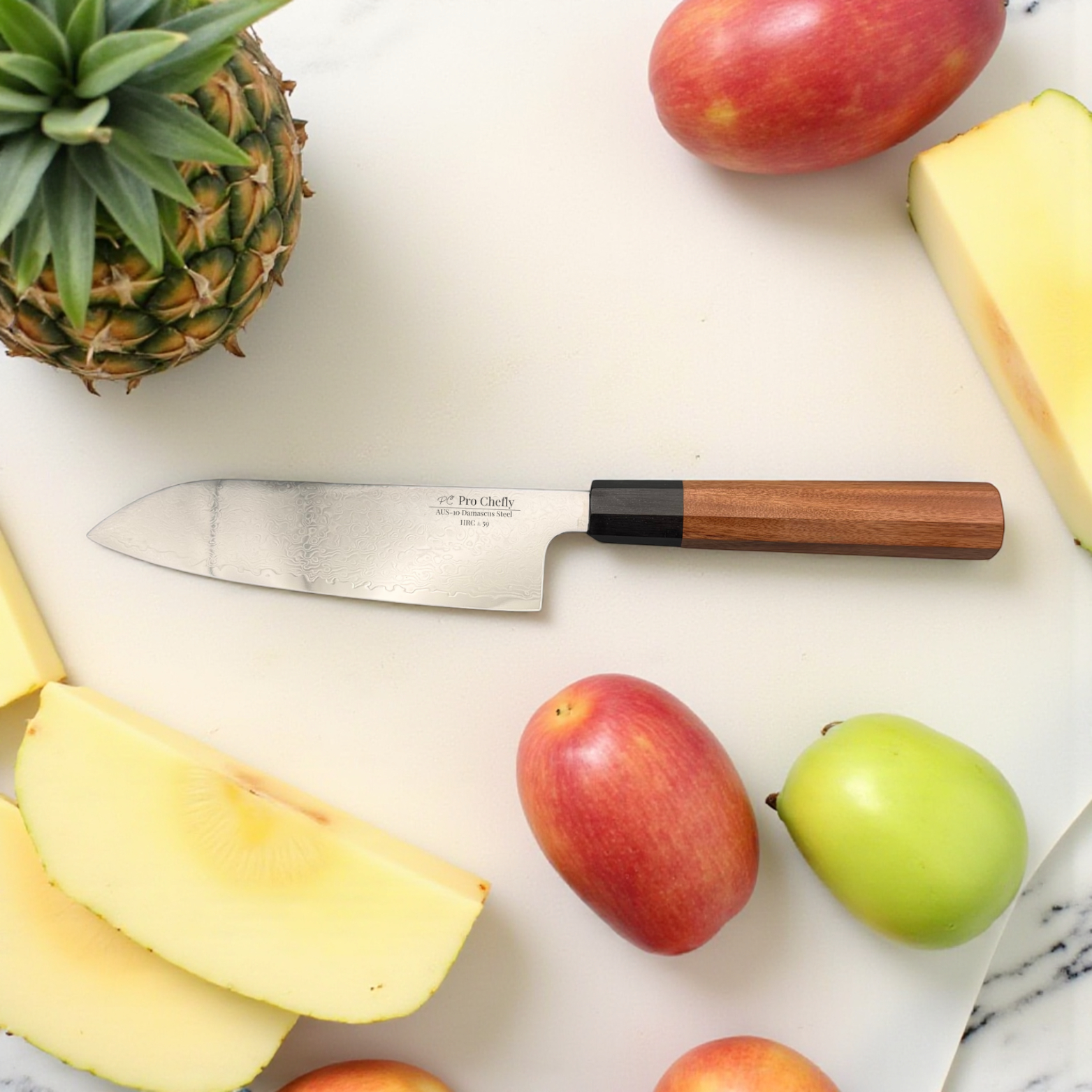 Image of Pro Chefly AUS-10 Damascus Santoku Knife slicing pineapple and apples on a beige cutting board—highlighting razor-sharp edge control and artisan kitchen performance.