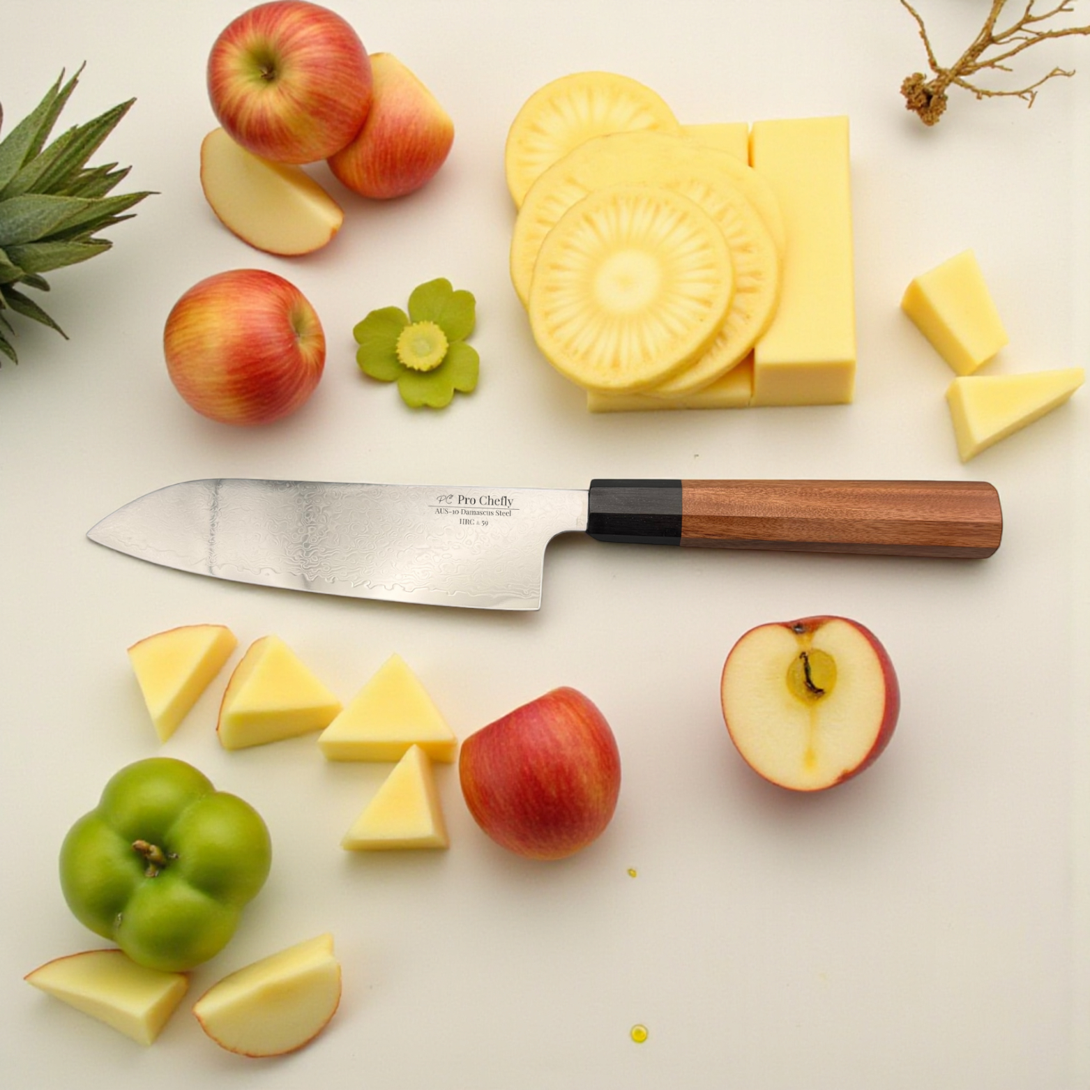 Image of Pro Chefly AUS-10 Damascus Santoku Knife styled with whole apples and pineapple—reflecting balance, edge retention, and refined chef-grade steel.