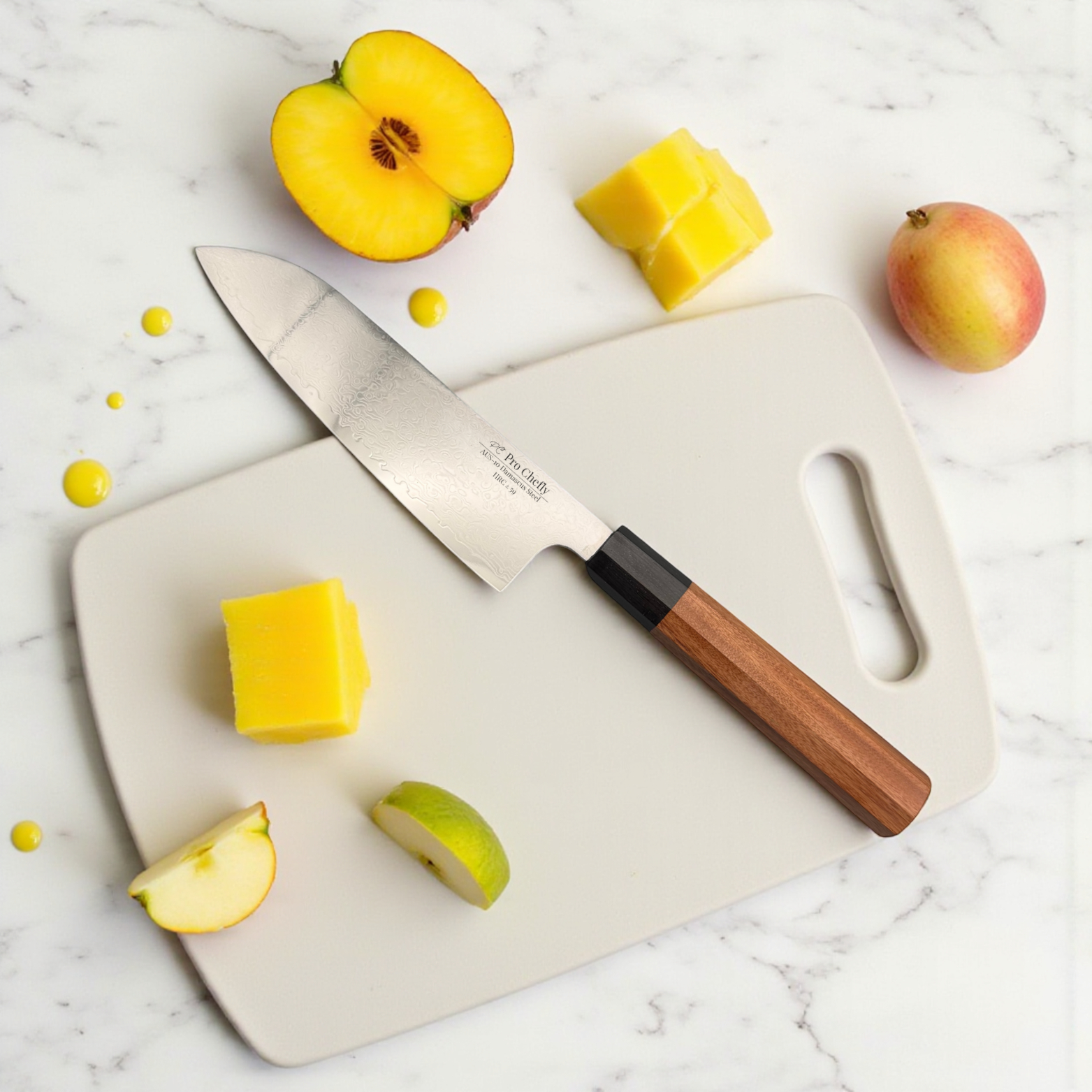 Image of Pro Chefly AUS-10 Damascus Santoku Knife beside cubed cheese and sliced apples—showcasing versatile precision cuts ideal for everyday cooking.