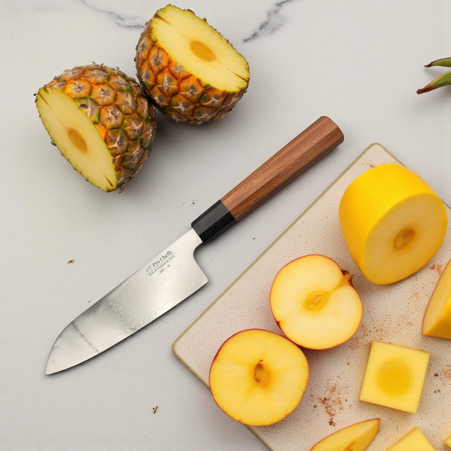 Image of Pro Chefly AUS-10 Damascus Santoku Knife cutting pineapple rings and apples on a white board—illustrating control, sharpness, and kitchen artistry.