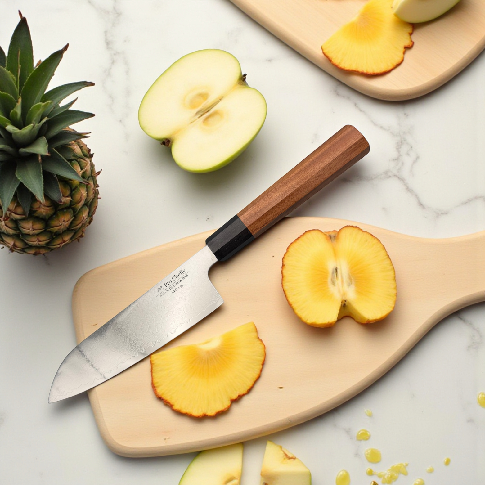 Image of Pro Chefly AUS-10 Damascus Santoku Knife resting on wood board surrounded by apple and pineapple slices—blending Japanese sharpness with natural kitchen warmth.