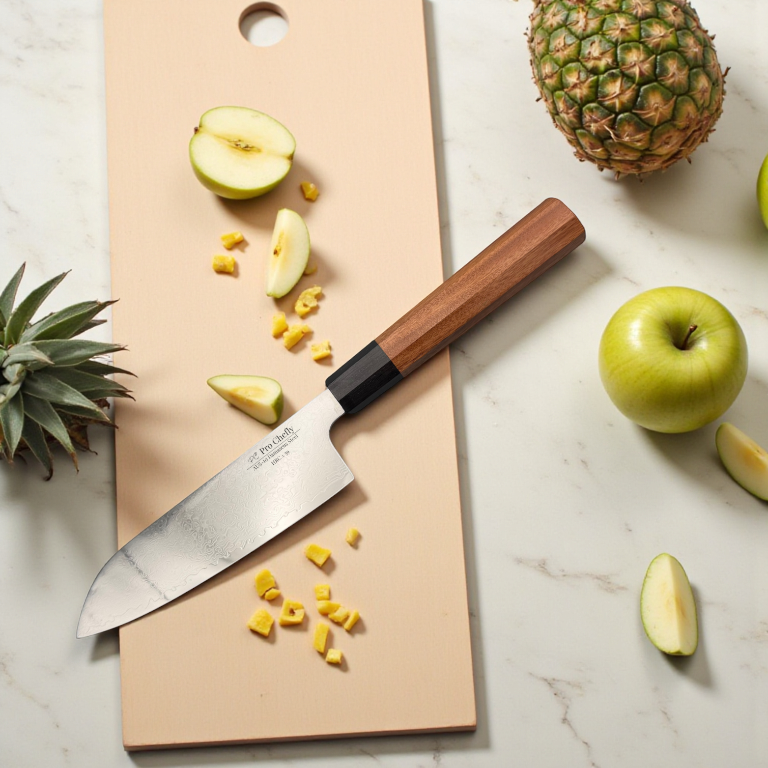 Image of Pro Chefly AUS-10 Damascus steel Santoku Knife paired with tropical fruits on marble countertop—demonstrating precision cuts, clean lines, and modern culinary design.