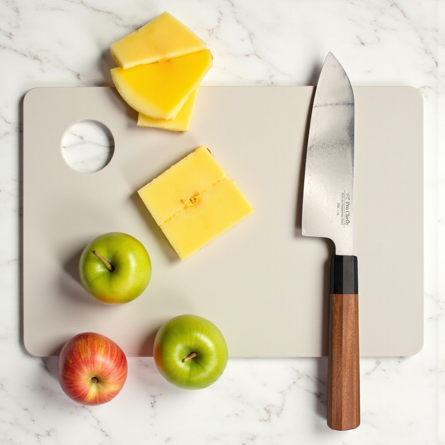 Image of Pro Chefly AUS-10 Damascus Santoku Knife cutting smooth cheese and fresh apples—capturing chef-level precision and premium Damascus blade craftsmanship.