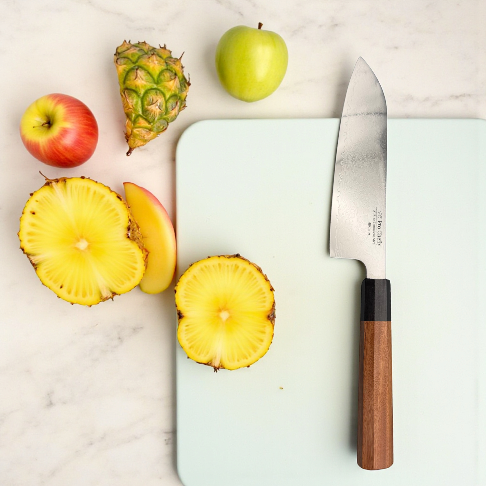 Image of Pro Chefly AUS-10 Damascus Santoku Knife slicing through pineapple rings—displaying strength, precision, and the beauty of layered Damascus steel.