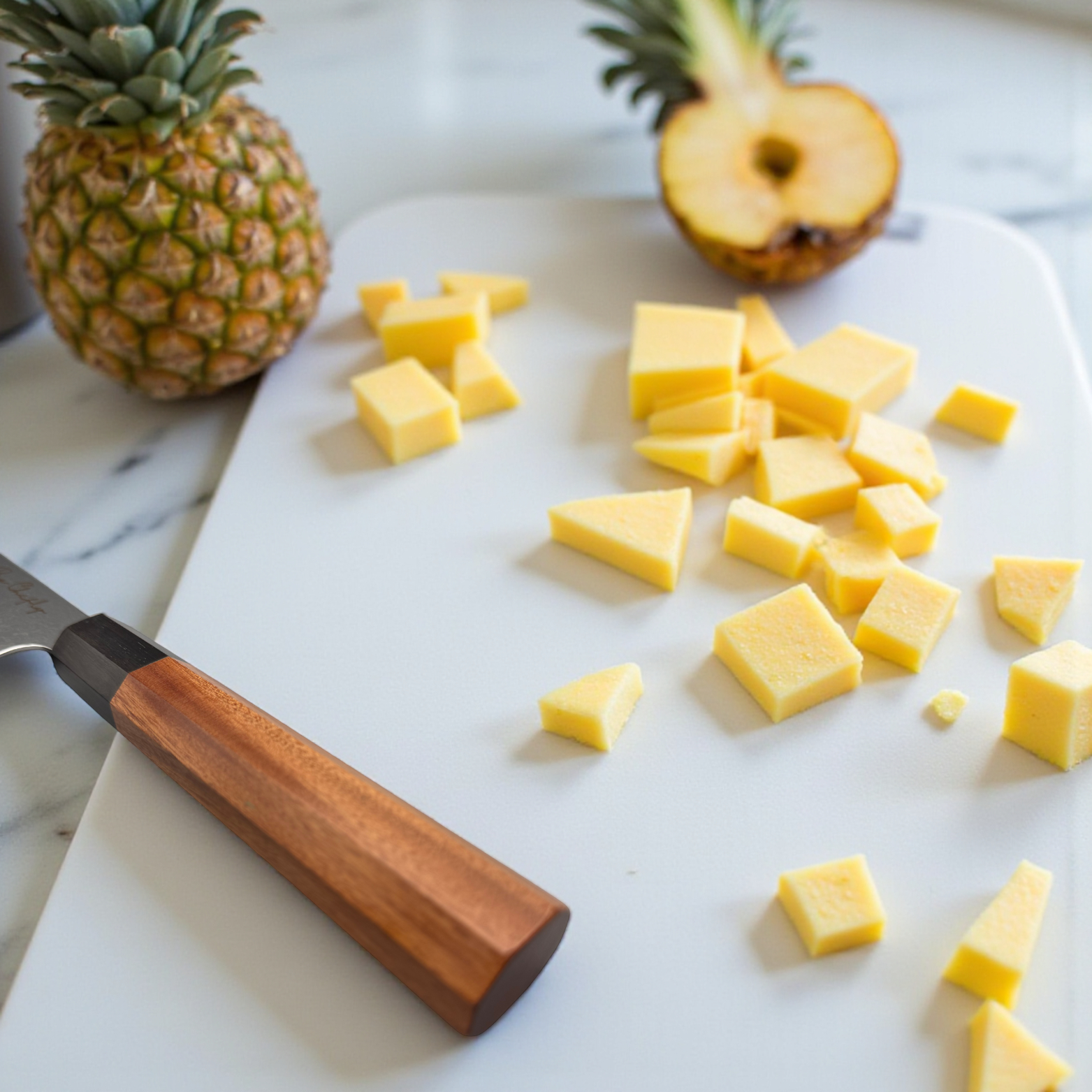 Image of Pro Chefly AUS-10 Damascus Santoku Knife slicing fresh pineapple cubes on a white cutting board, showcasing precise Japanese knife cuts