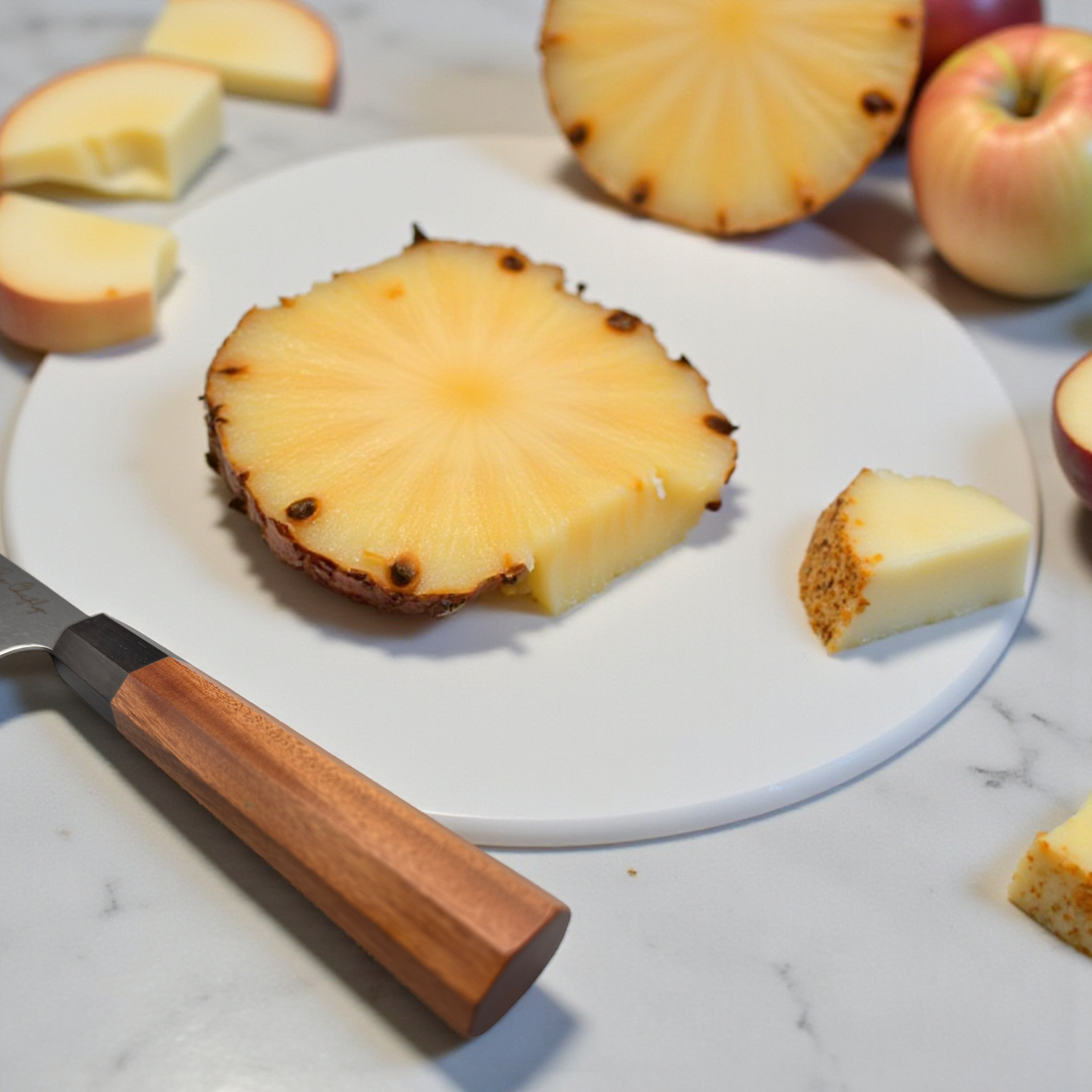 Image of Pro Chefly AUS-10 Damascus Santoku Knife beside pineapple cubes and tropical fruit—highlighting chef-inspired performance and flawless AUS-10 edge retention.
