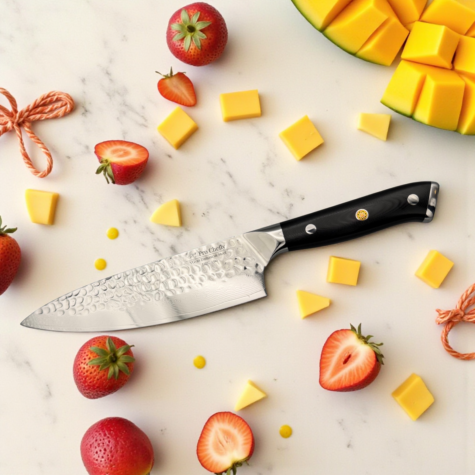 Image of Pro Chefly VG-10 Damascus steel Japanese chef knife with triple-riveted G-10 handle surrounded by strawberries and mango chunks on cutting board.