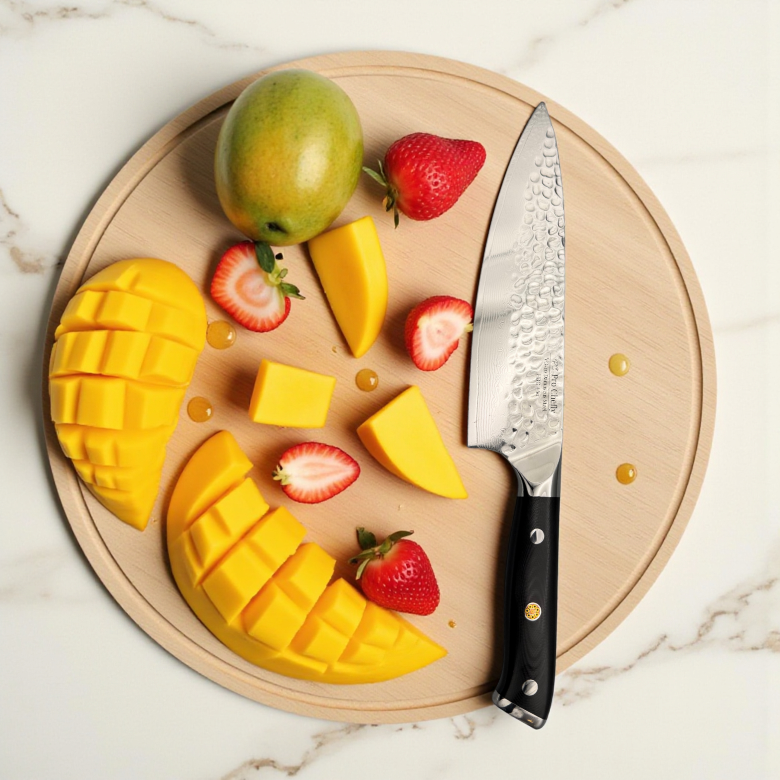 Image of Pro Chefly VG-10 Damascus steel Japanese chef knife with triple-riveted G-10 handle on marble with scored mango half and sliced fruit.
