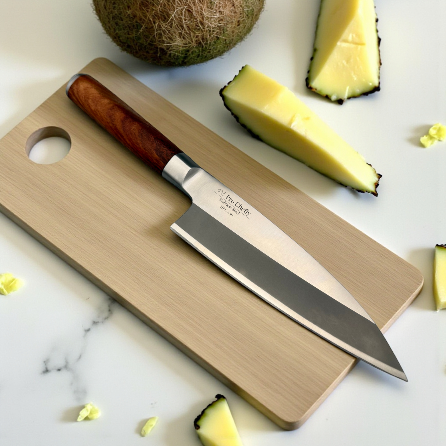 Pro Chefly X50CrMoV15 stainless steel Japanese deba knife with wenge wood handle surrounded by pineapple and coconut on marble.