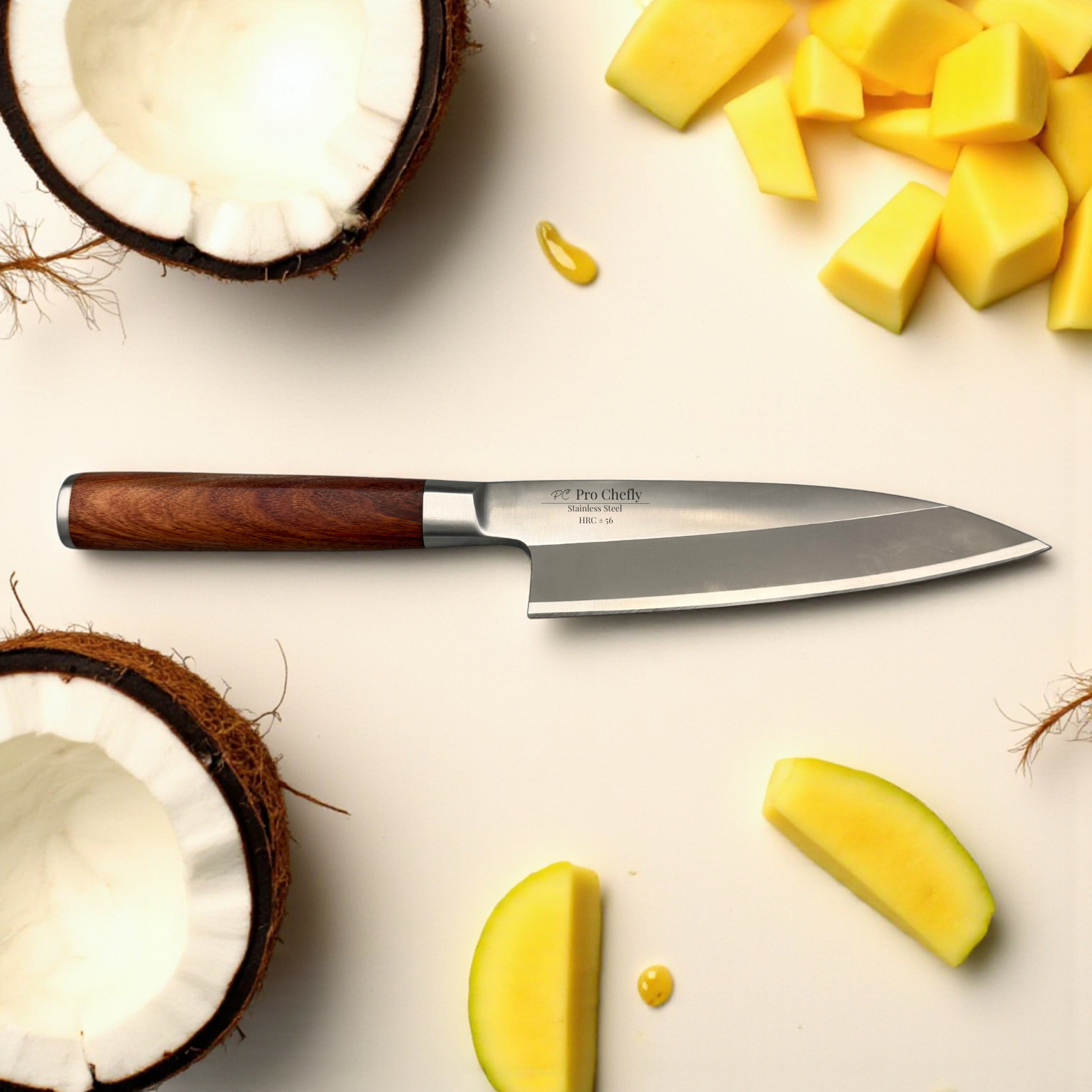 Image of Pro Chefly X50CrMoV15 stainless steel Japanese deba knife with wenge wood handle on cutting board with coconut halves and sliced pineapple.