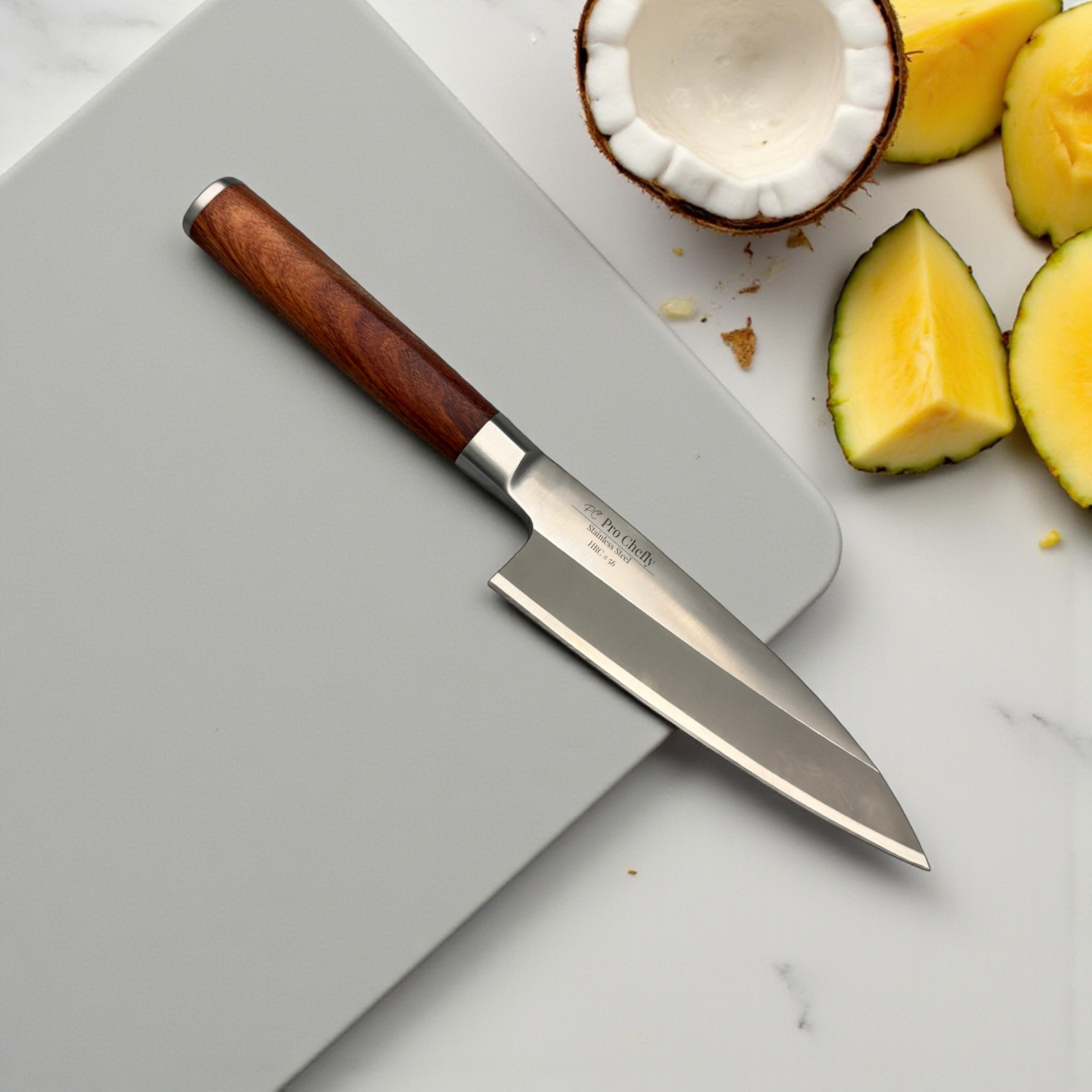 Pro Chefly X50CrMoV15 stainless steel Japanese deba knife with wenge wood handle placed on marble with coconut and pineapple chunks.