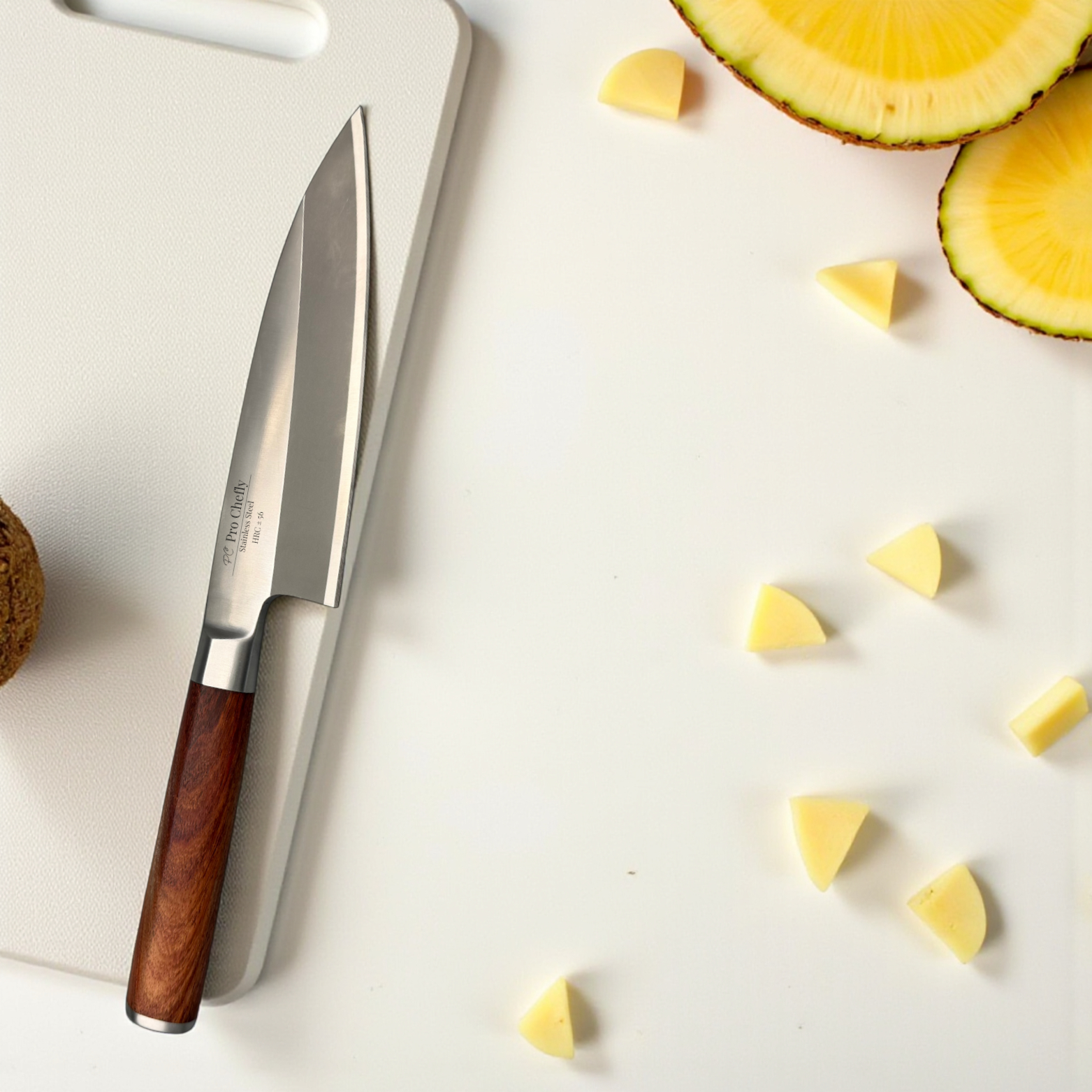 Image of Pro Chefly X50CrMoV15 stainless steel Japanese deba knife with wenge wood handle  beside coconut and pineapple.
