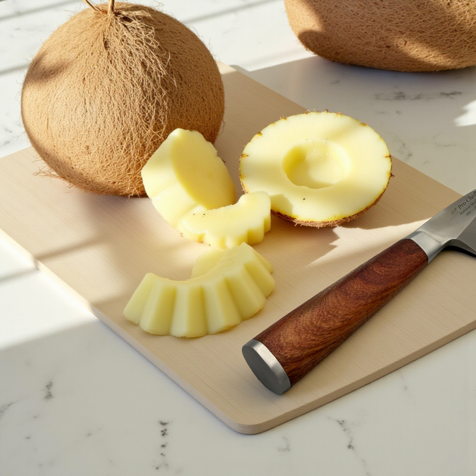 Image of Pro Chefly X50CrMoV15 stainless steel Japanese deba knife with wenge wood handle shown close-up beside coconut and pineapple garnish.