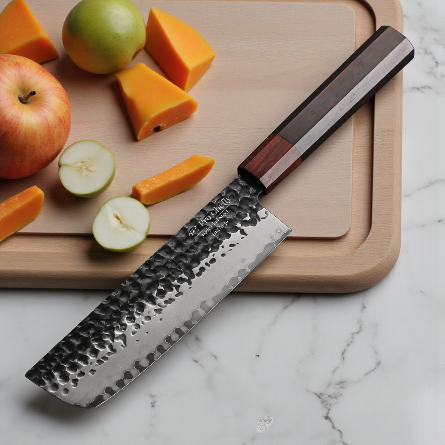 Image of Pro Chefly 440C stainless core Japanese nakiri knife with ebony handle slicing vegetables on cutting board.