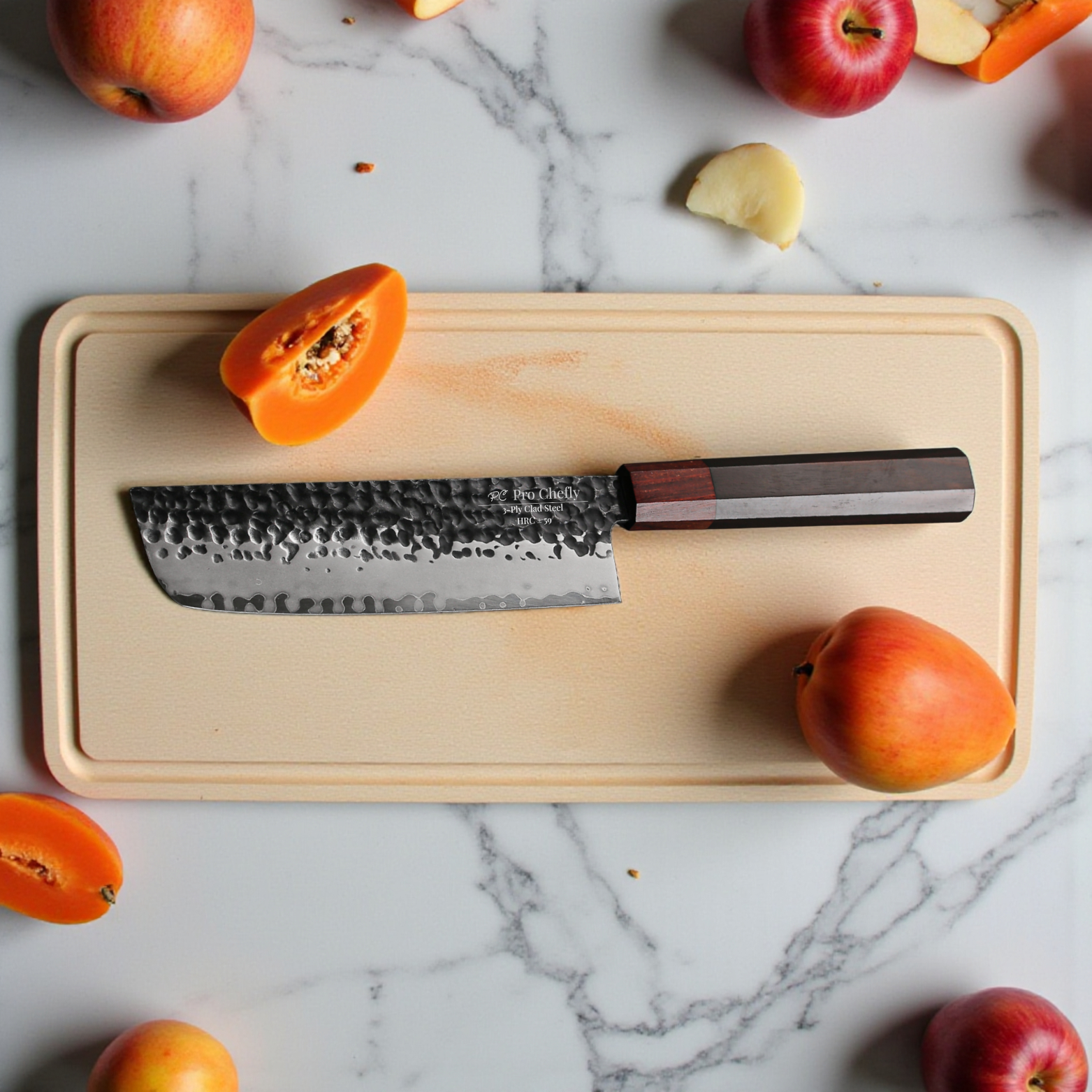 Pro Chefly 440C stainless core Japanese nakiri knife with ebony handle surrounded by tomatoes and squash on marble.