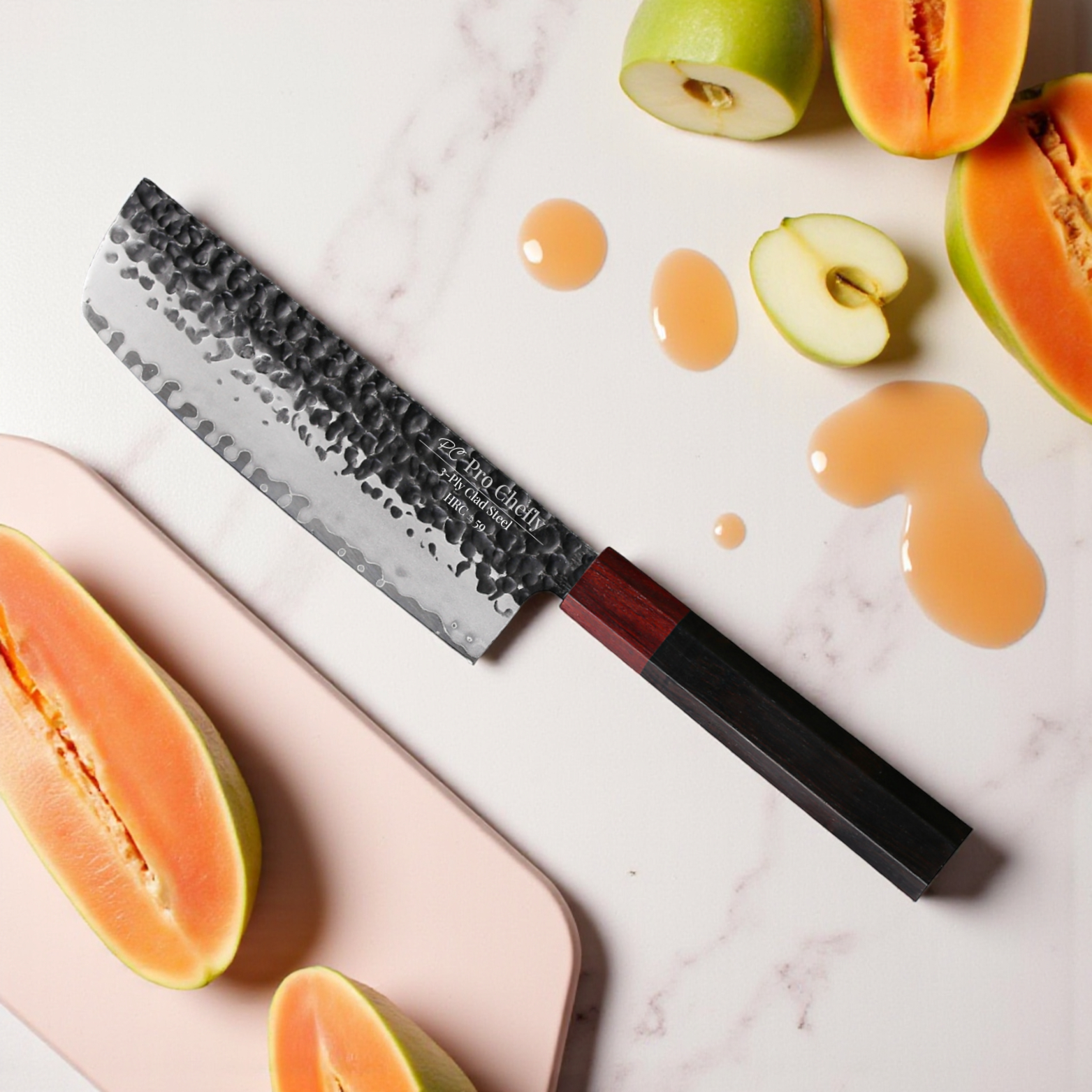 Pro Chefly 440C stainless core Japanese nakiri knife with ebony handle on cutting board with sliced papaya and apples.