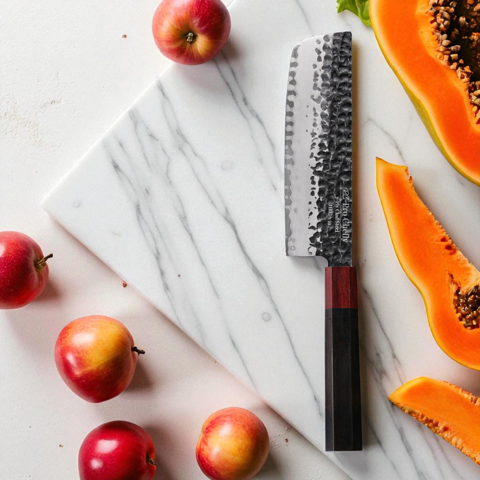 Pro Chefly 440C stainless core Japanese nakiri knife with ebony handle surrounded by fall vegetables on marble.