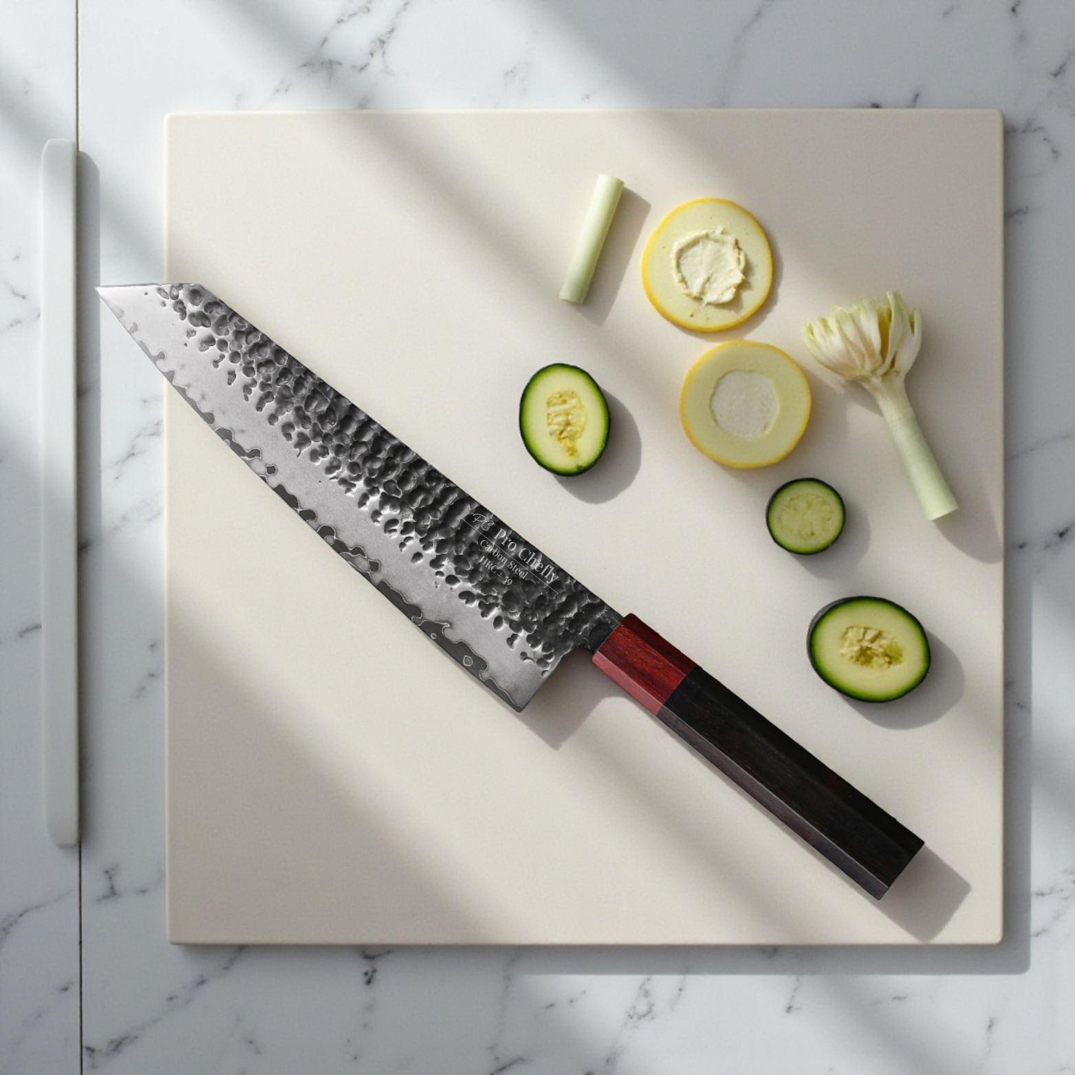Image of Pro Chefly 3-ply carbon steel Japanese kiritsuke knife with 440C core and pakka wood octagon handle slicing zucchini rounds on marble surface.