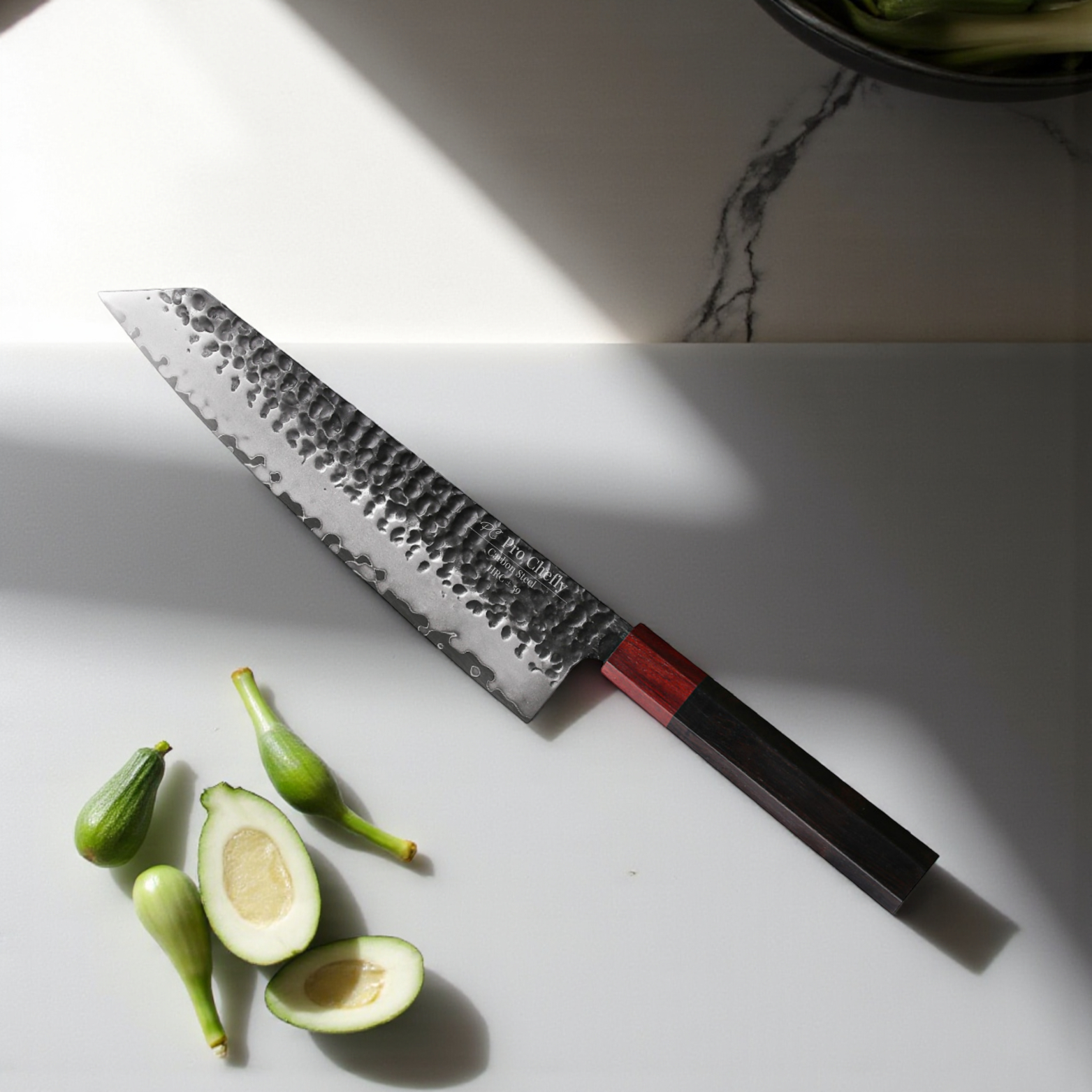 Image of Pro Chefly 3-ply carbon steel Japanese kiritsuke knife with 440C core and pakka wood octagon handle on cutting board.