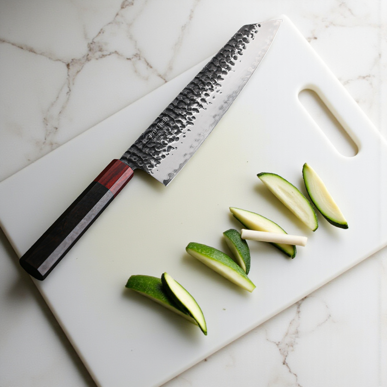 Image of Pro Chefly 3-ply carbon steel Japanese kiritsuke knife with 440C core and pakka wood octagon handle on cutting board with chopped zucchini.