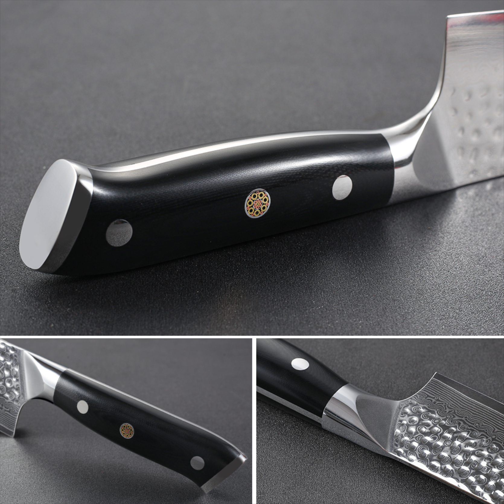 Image of Pro Chefly VG-10 Damascus steel Japanese chef knife with triple-riveted G-10 handle shown in close-up detail.