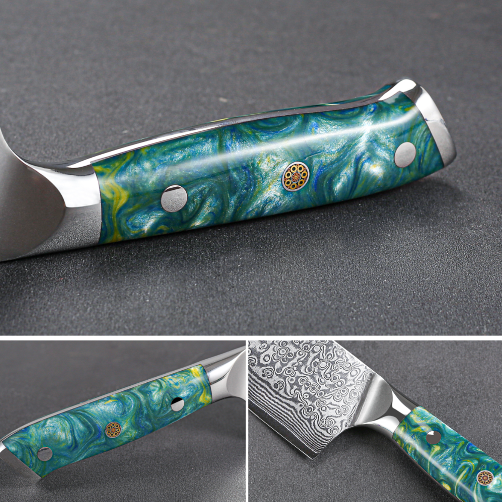 Image of Pro Chefly VG-10 Damascus steel Japanese chef knife with resin handle shown in close-up detail of handle and blade texture.
