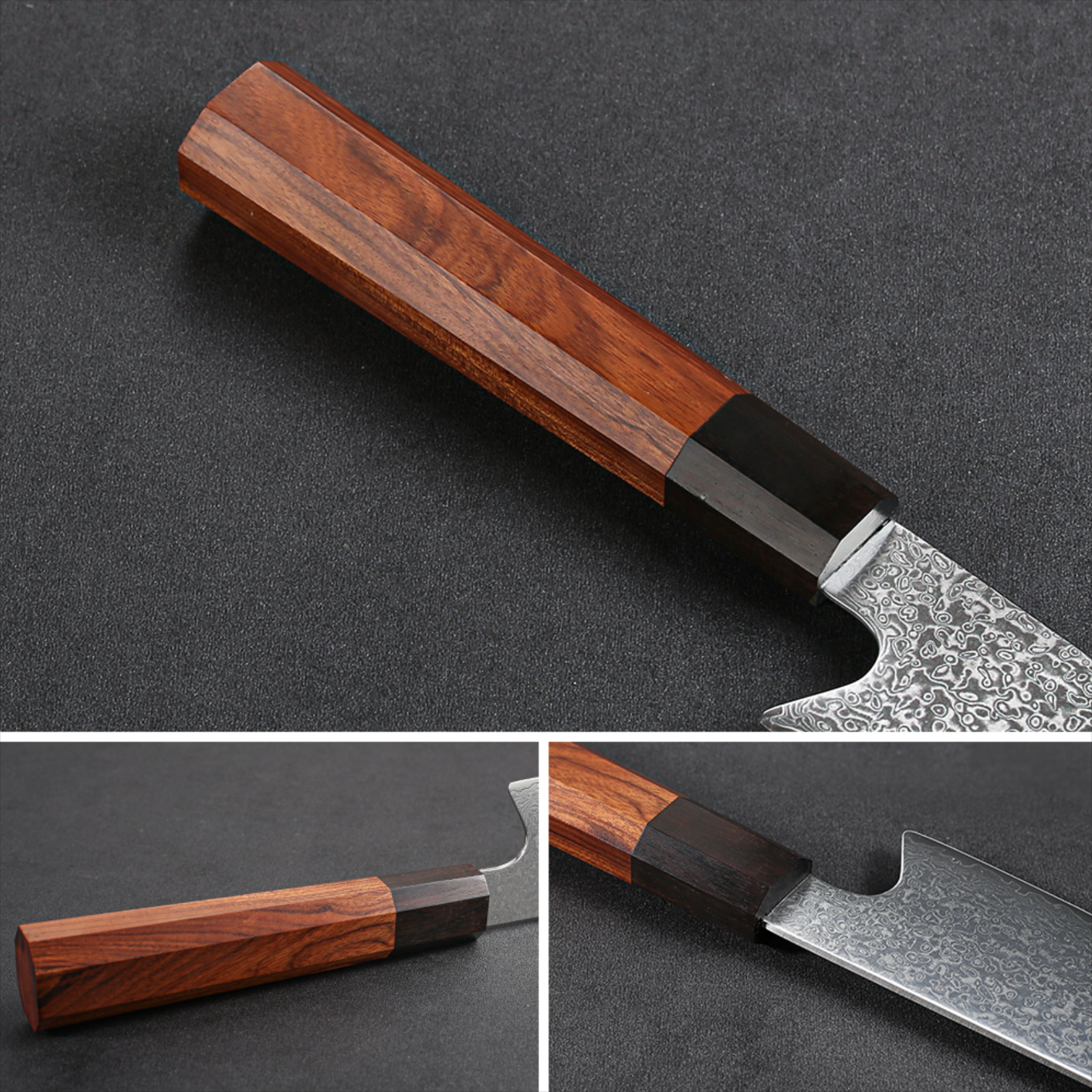 Image of Pro Chefly 67-layer Damascus steel Japanese kiritsuke knife with rosewood handle angled on dark surface.