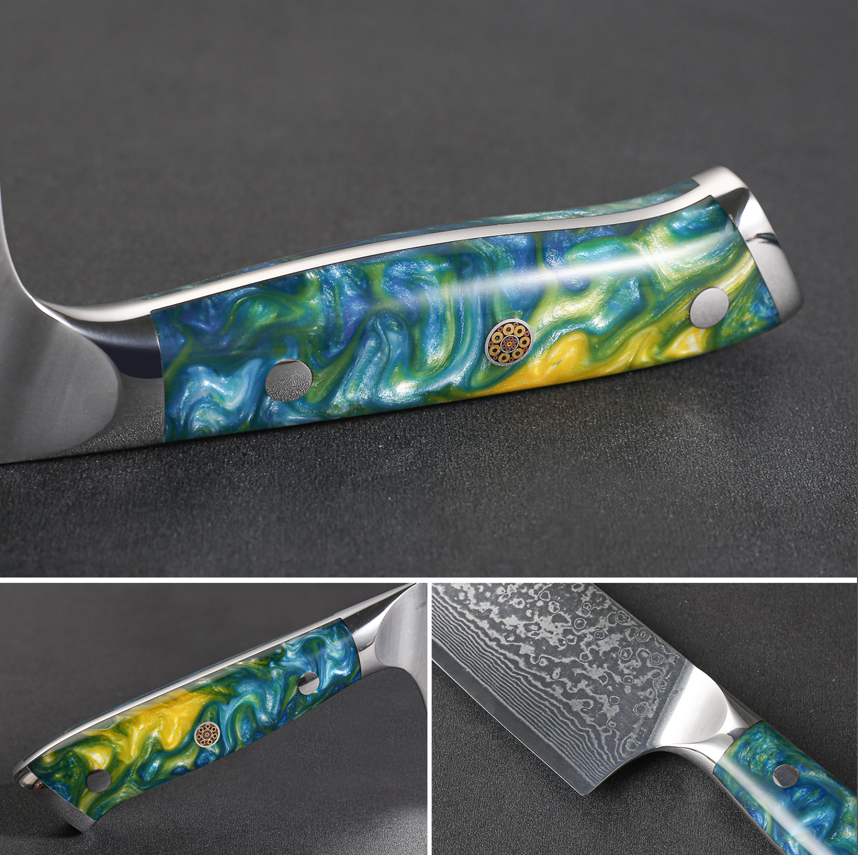 Image of Pro Chefly VG-10 Damascus steel Japanese kiritsuke knife showing resin handle and  blade texture close-up.