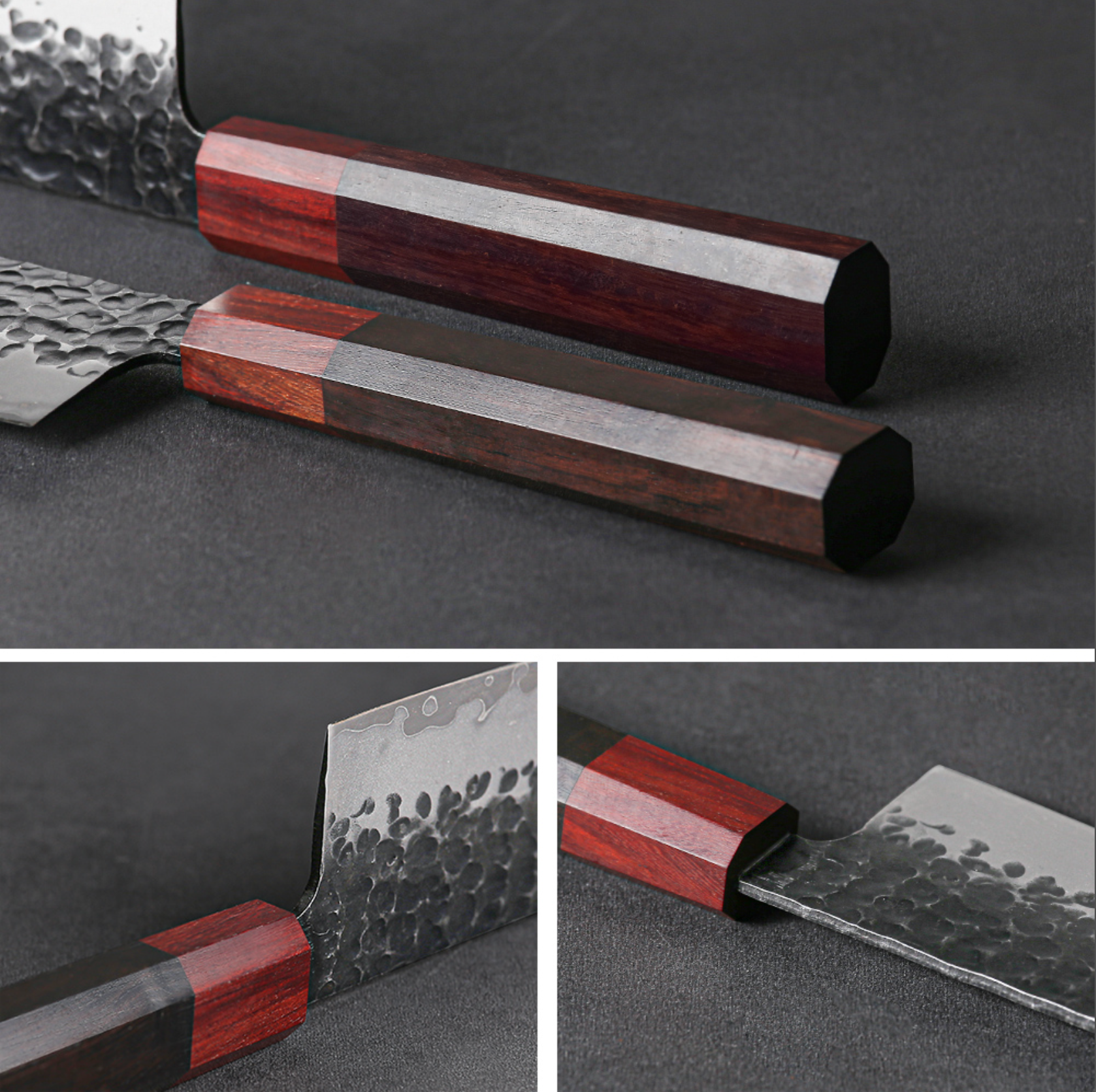 Image of Pro Chefly 440C stainless core Japanese nakiri knife showcasing ebony handle and hammered finish blade in close-up detail.