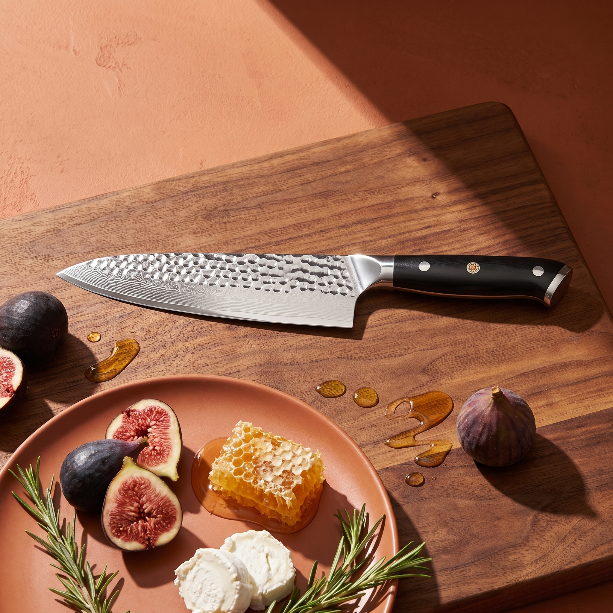 Image of Pro Chefly 8-inch Damascus chef knife with black triple-riveted handle, on a board with figs, honeycomb and goat cheese