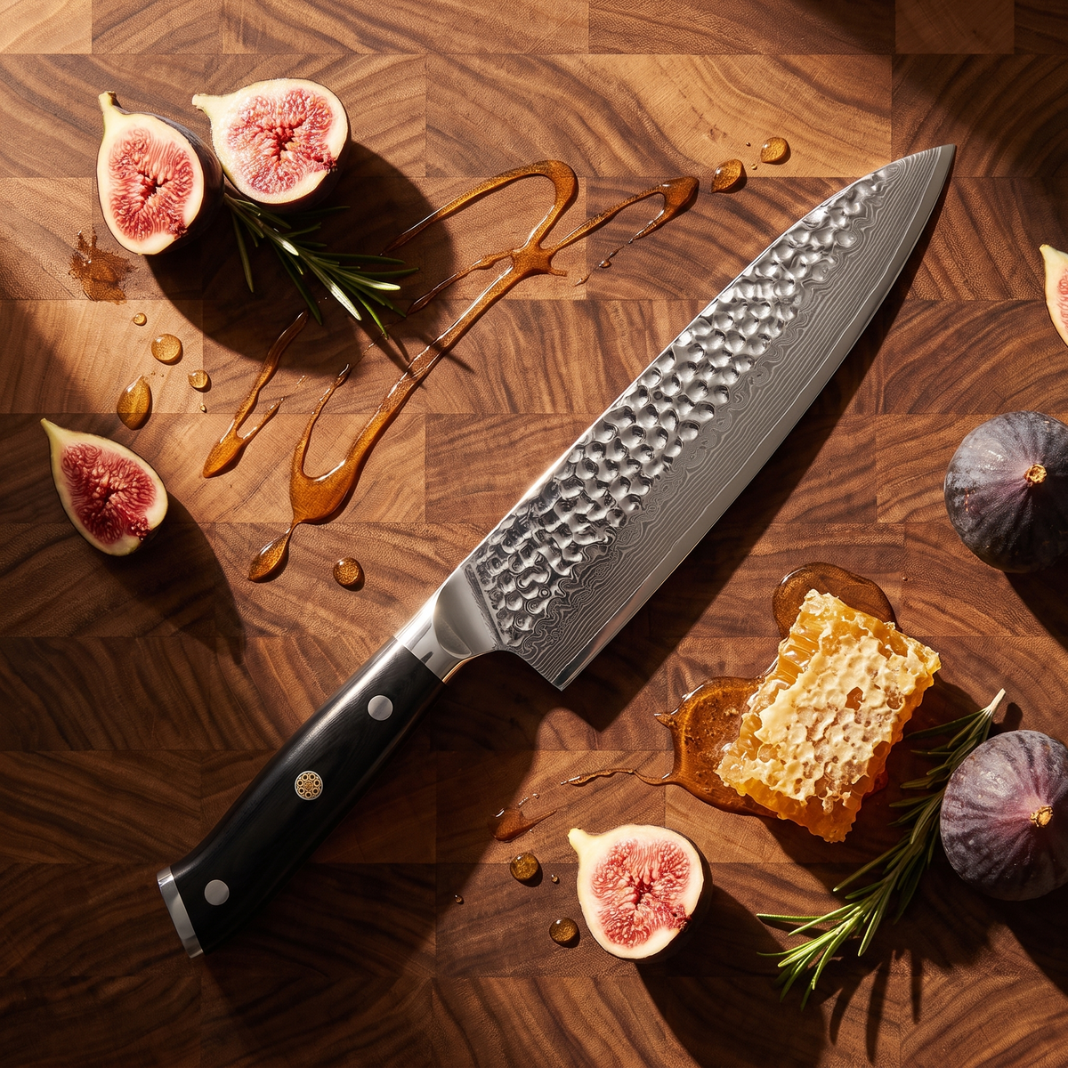 Pro Chefly 8-inch Damascus chef knife with black triple-riveted handle, overhead on an end-grain board with figs, honeycomb and rosemary
