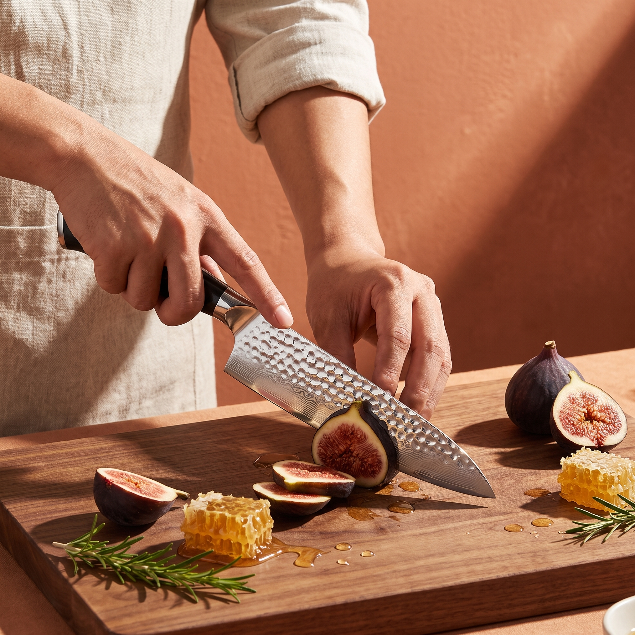 Image of Pro Chefly 8-inch Damascus chef knife with black triple-riveted handle, slicing figs with honeycomb and rosemary